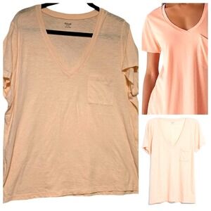 New MADEWELL Women's Whispher Peach 100% Cotton V-Neck Tee Size 2x Semi Sheer